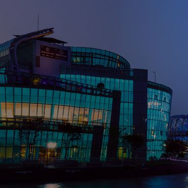 Night view of Some Sevit, a floating cultural complex on the Han River, illuminated in the cityscape
